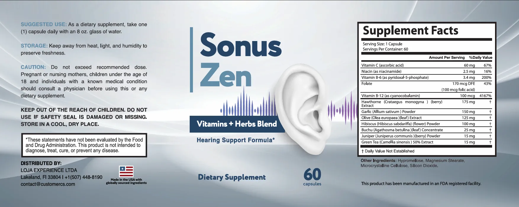 Sonus Zen Supplement Label